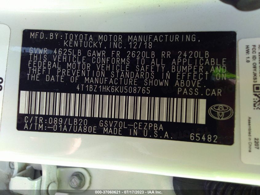 2019 TOYOTA CAMRY V6 - 4T1BZ1HK6KU508765
