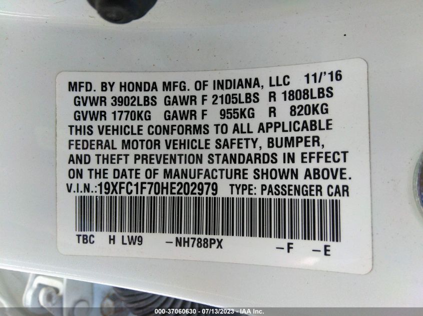 2017 HONDA CIVIC SEDAN EX-L - 19XFC1F70HE202979