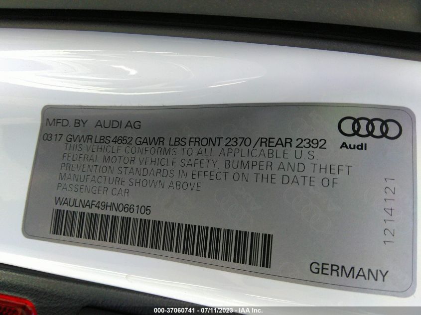 2017 AUDI A4 PREMIUM PLUS - WAULNAF49HN066105