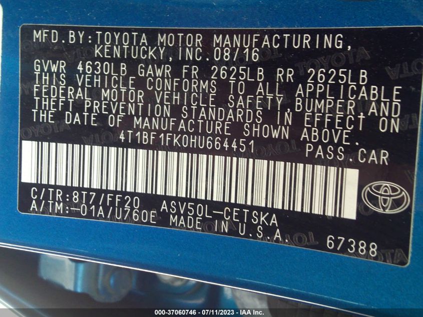 2017 TOYOTA CAMRY XLE/SE/LE/XSE - 4T1BF1FK0HU664451