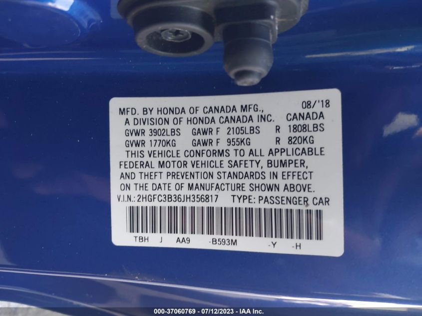 2018 HONDA CIVIC COUPE EX-T - 2HGFC3B36JH356817