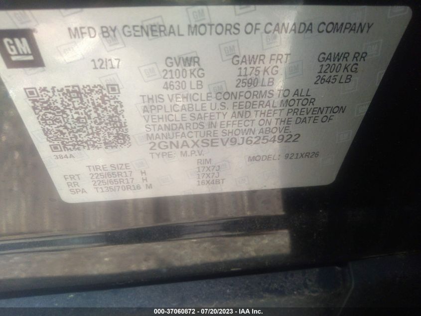 2018 CHEVROLET EQUINOX LT - 2GNAXSEV9J6254922