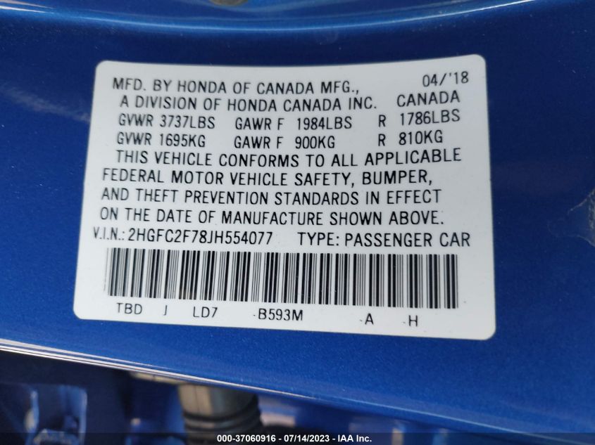 2018 HONDA CIVIC SEDAN EX - 2HGFC2F78JH554077
