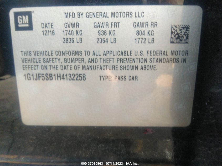 2017 CHEVROLET SONIC PREMIER - 1G1JF5SB1H4132258