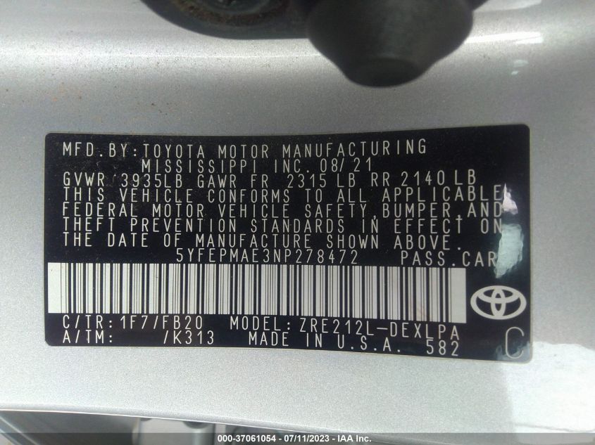 2022 TOYOTA COROLLA LE - 5YFEPMAE3NP278472