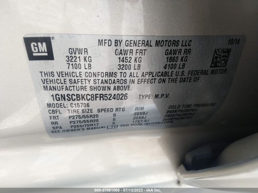 2015 CHEVROLET TAHOE LT - 1GNSCBKC8FR524026