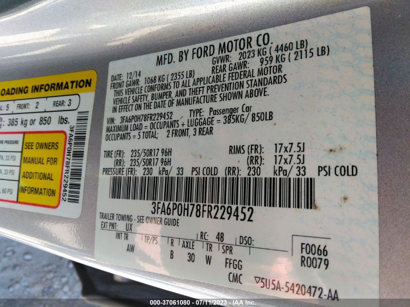 2015 FORD FUSION SE - 3FA6P0H78FR229452