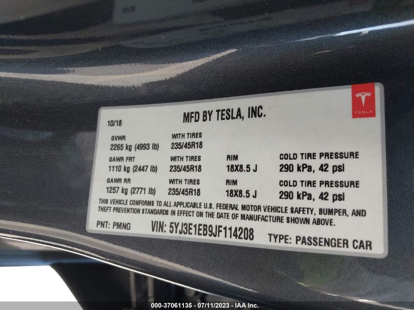2018 TESLA MODEL 3 - 5YJ3E1EB9JF114208