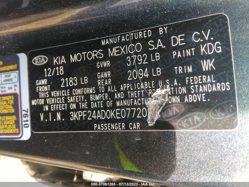 2019 KIA FORTE LXS - 3KPF24AD0KE077202
