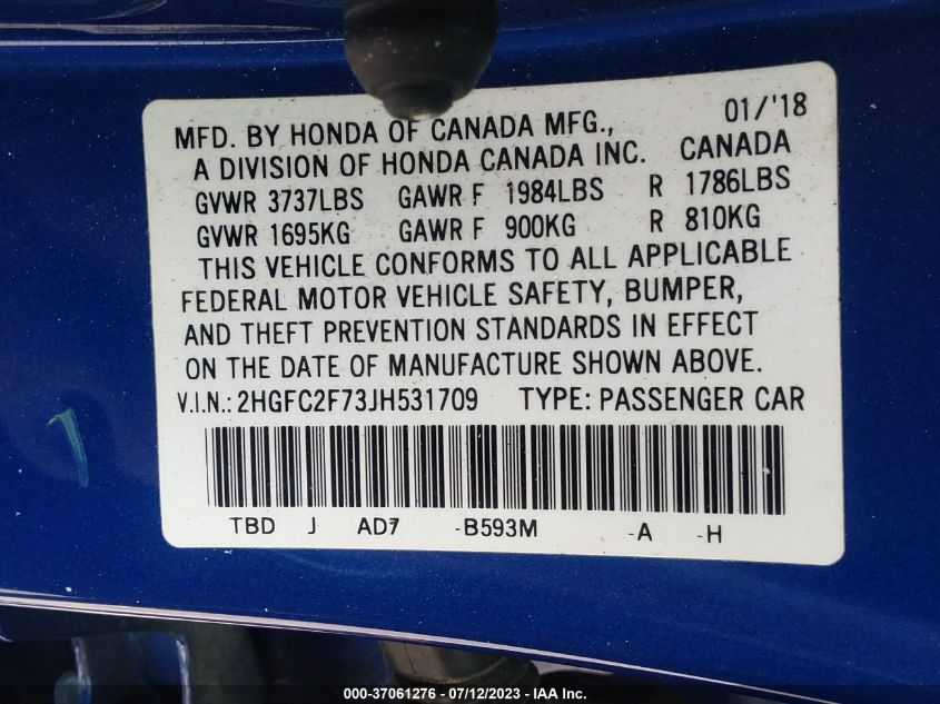 2018 HONDA CIVIC SEDAN EX - 2HGFC2F73JH531709