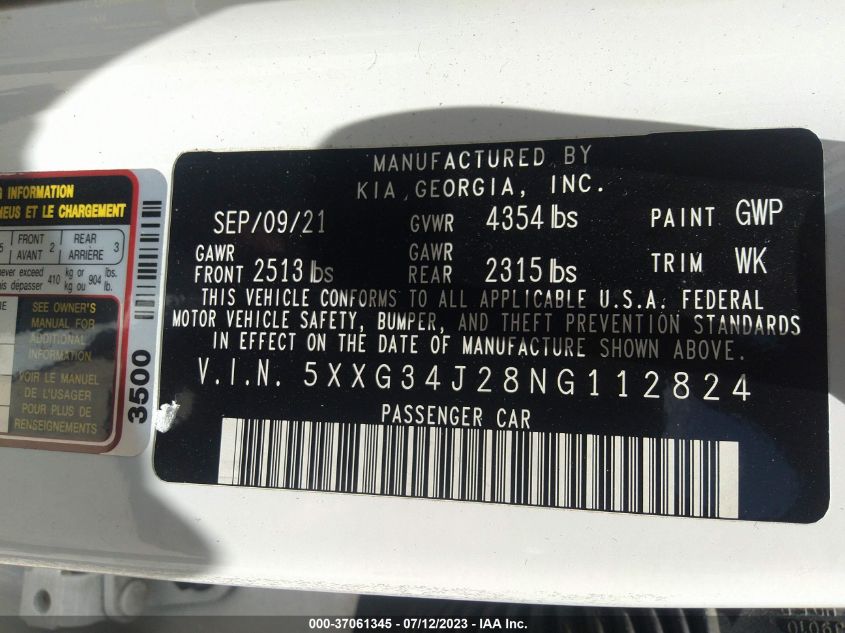 2022 KIA K5 EX - 5XXG34J28NG112824
