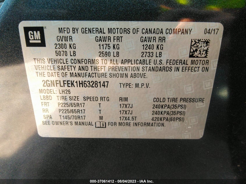 VIN 2GNFLFEK1H6328147 2017 CHEVROLET EQUINOX LT