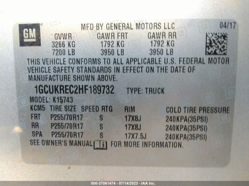 2017 CHEVROLET SILVERADO 1500 LT - 1GCUKREC2HF189732