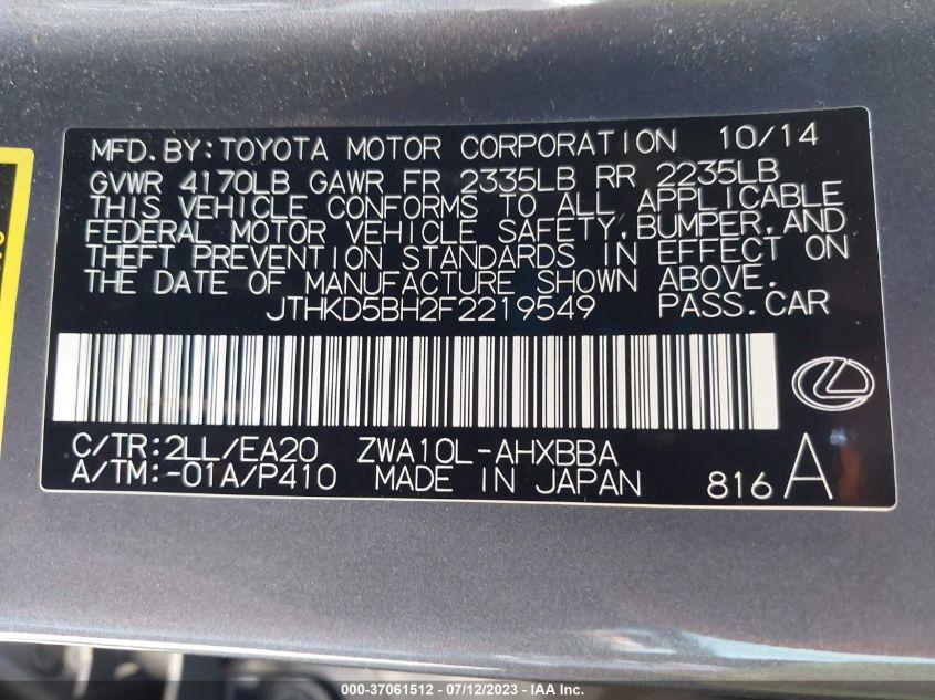 2015 LEXUS CT 200H HYBRID - JTHKD5BH2F2219549