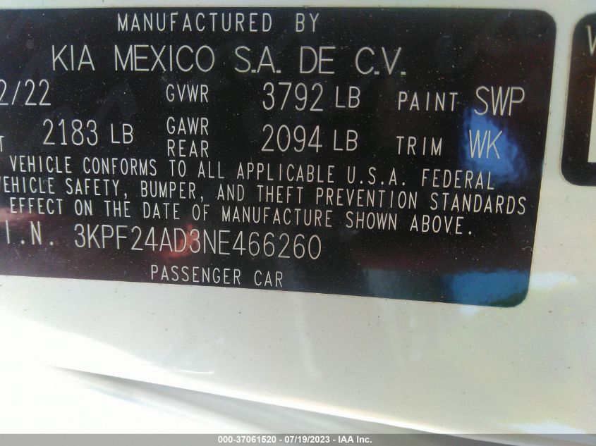 2022 KIA FORTE LXS - 3KPF24AD3NE466260