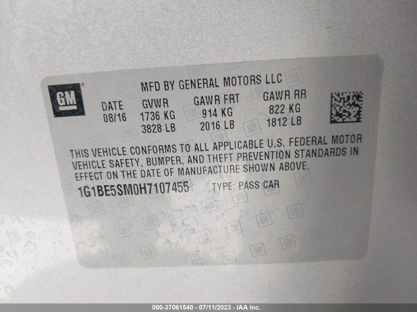2017 CHEVROLET CRUZE LT - 1G1BE5SM0H7107455
