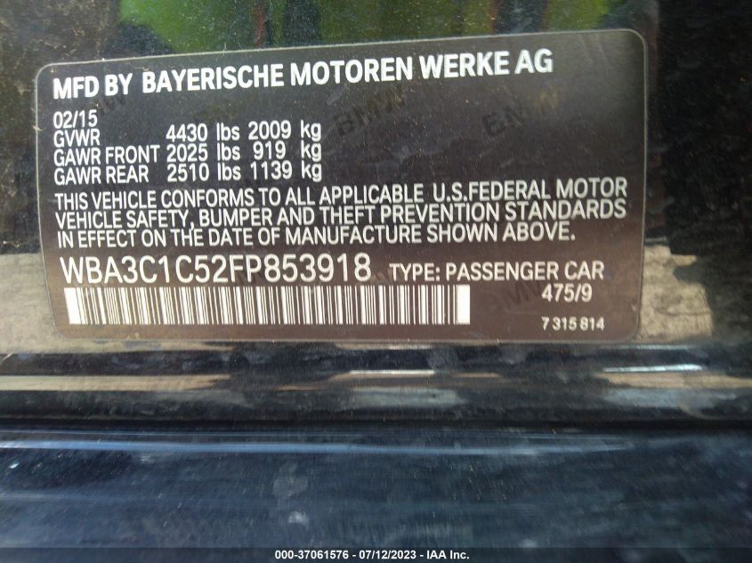 2015 BMW 3 SERIES 328I - WBA3C1C52FP853918