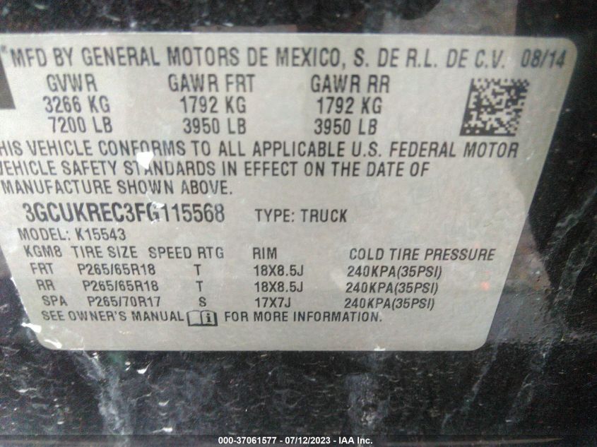 2015 CHEVROLET SILVERADO 1500 LT - 3GCUKREC3FG115568