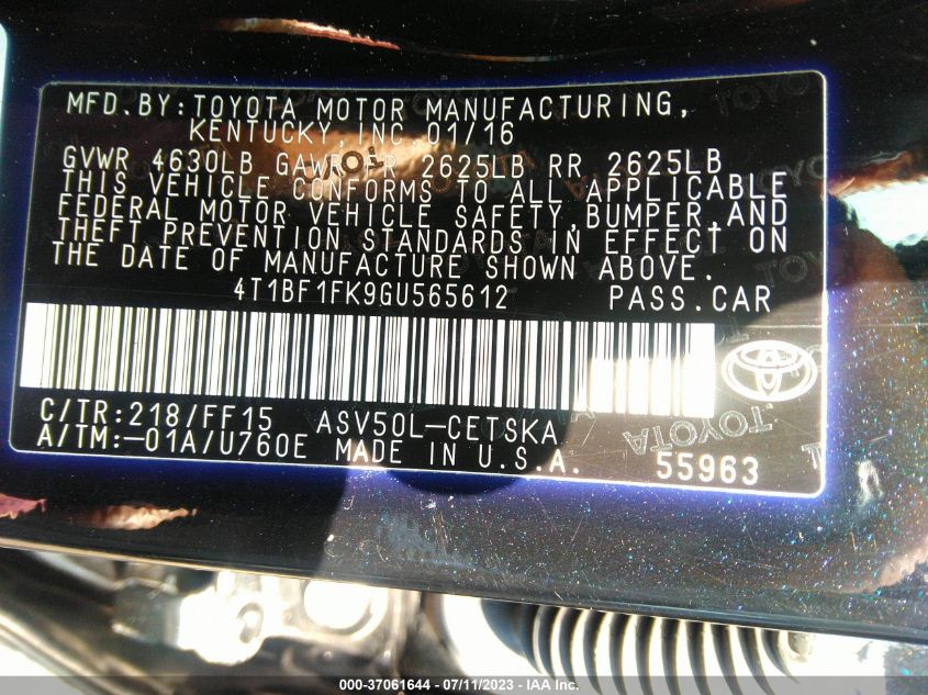 2016 TOYOTA CAMRY XLE/SE/LE/XSE - 4T1BF1FK9GU565612