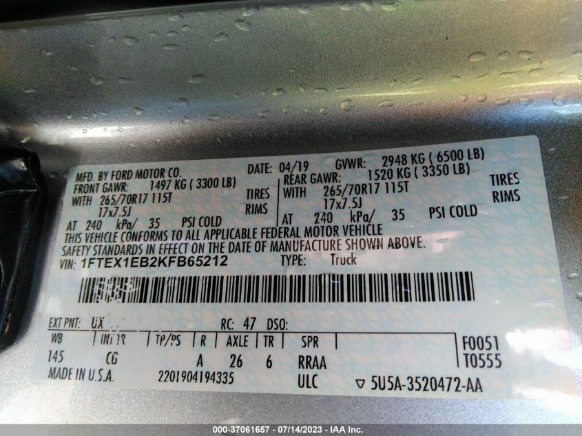 2019 FORD F-150 XL/XLT - 1FTEX1EB2KFB65212