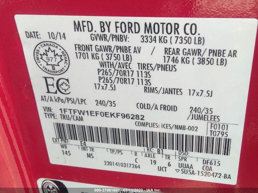 2014 FORD F-150 XL/XLT/STX/FX4/LARIAT - 1FTFW1EF0EKF96282