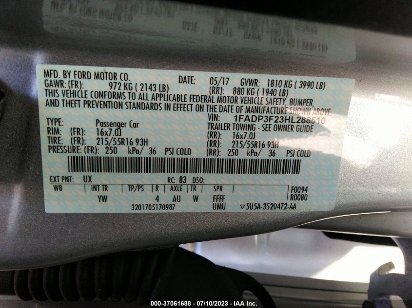 2017 FORD FOCUS SE - 1FADP3F23HL288510