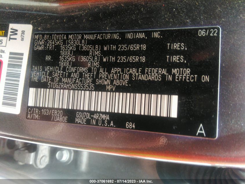 2022 TOYOTA HIGHLANDER XLE - 5TDGZRAH5NS553535