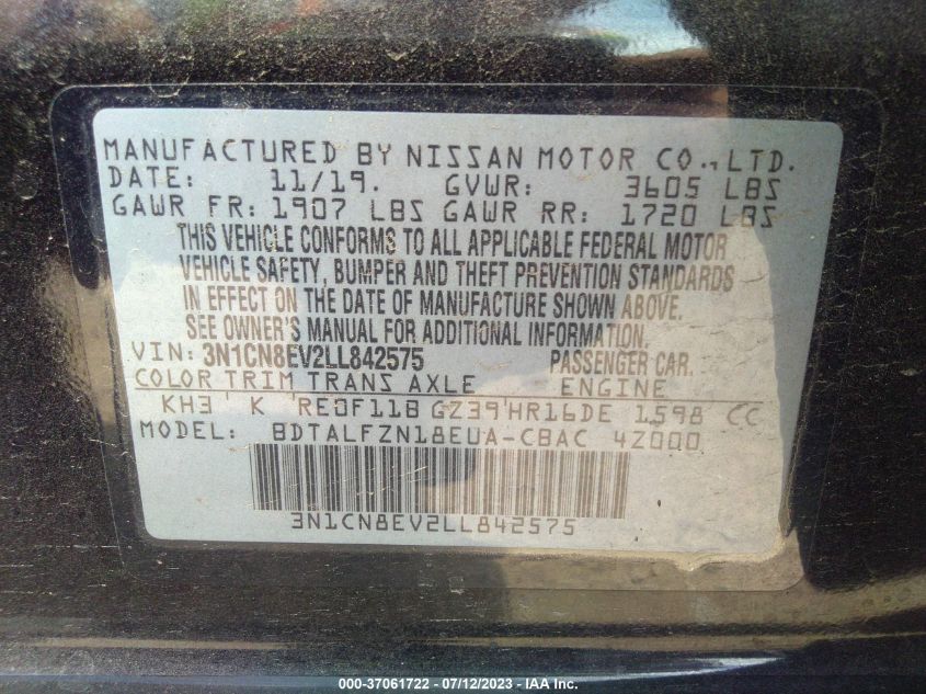2020 NISSAN VERSA SV - 3N1CN8EV2LL842575