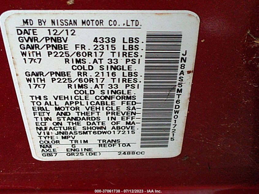 2013 NISSAN ROGUE S/SV - JN8AS5MT6DW017215