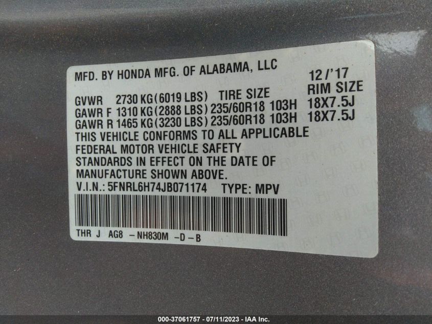 2018 HONDA ODYSSEY EX-L - 5FNRL6H74JB071174