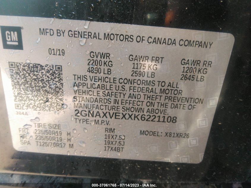 2019 CHEVROLET EQUINOX LT - 2GNAXVEXXK6221108