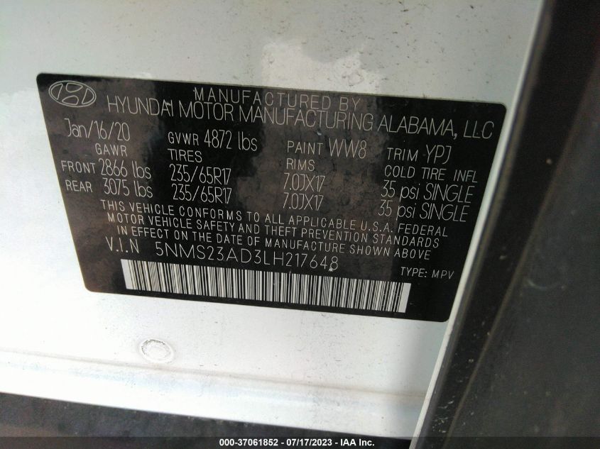 2020 HYUNDAI SANTA FE SE - 5NMS23AD3LH217648