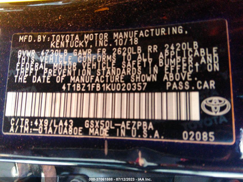 2019 TOYOTA AVALON XLE/TOURING/LIMITED/XSE - 4T1BZ1FB1KU020357