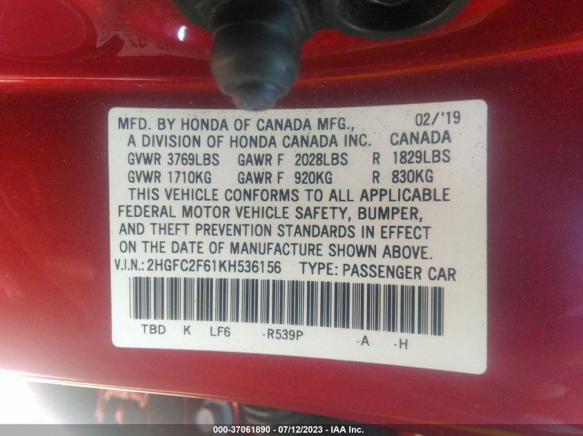 2019 HONDA CIVIC SEDAN LX - 2HGFC2F61KH536156