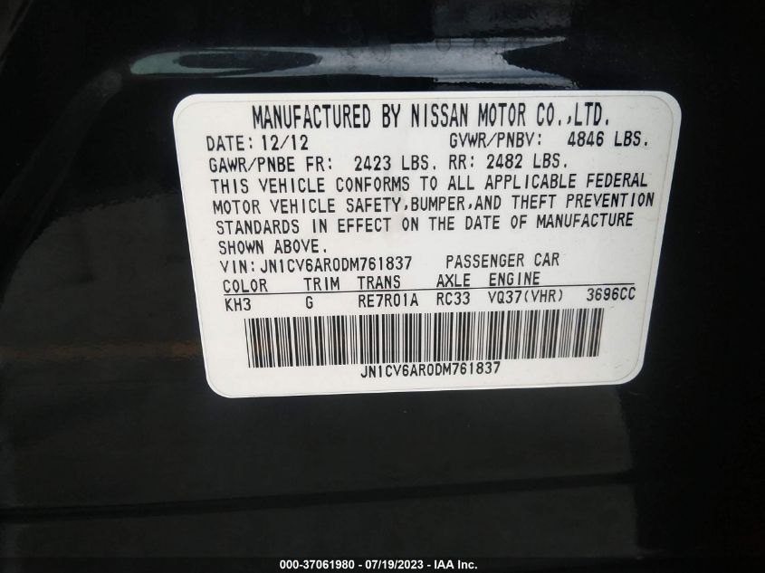 2013 INFINITI G37 SEDAN X JN1CV6AR0DM761837