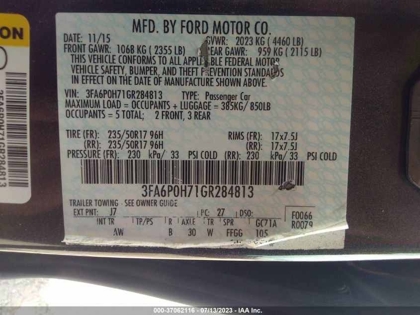 2016 FORD FUSION SE - 3FA6P0H71GR284813