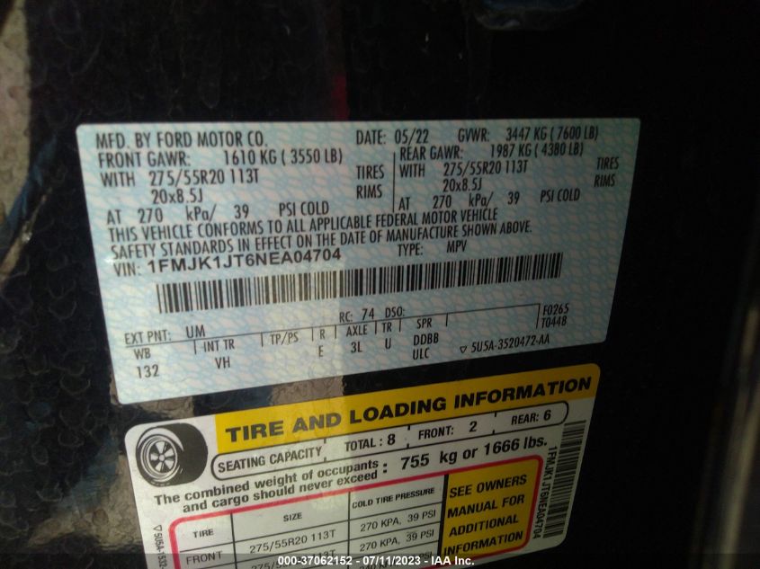 2022 FORD EXPEDITION MAX XLT - 1FMJK1JT6NEA04704