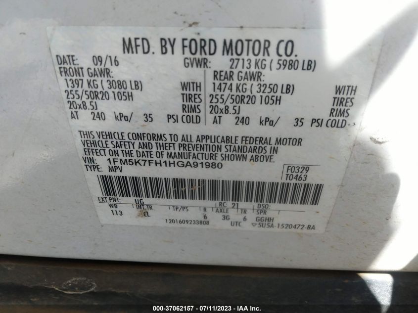 2017 FORD EXPLORER LIMITED - 1FM5K7FH1HGA91980