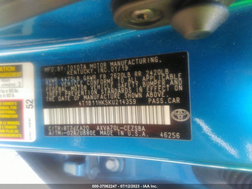 2019 TOYOTA CAMRY LE/SE/XLE/L - 4T1B11HK5KU214359