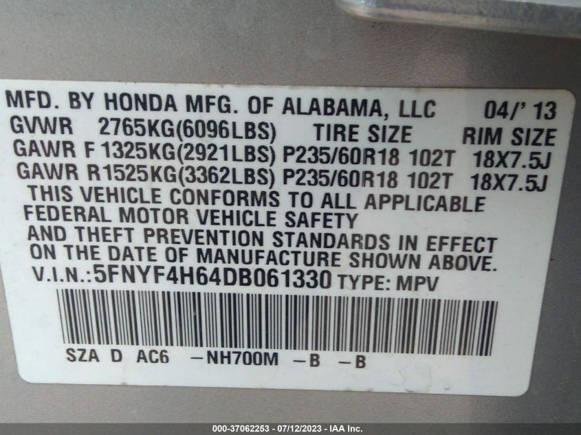 2013 HONDA PILOT EX-L - 5FNYF4H64DB061330