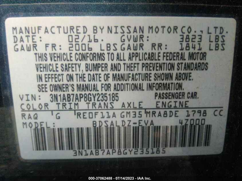 2016 NISSAN SENTRA SV - 3N1AB7AP8GY235185