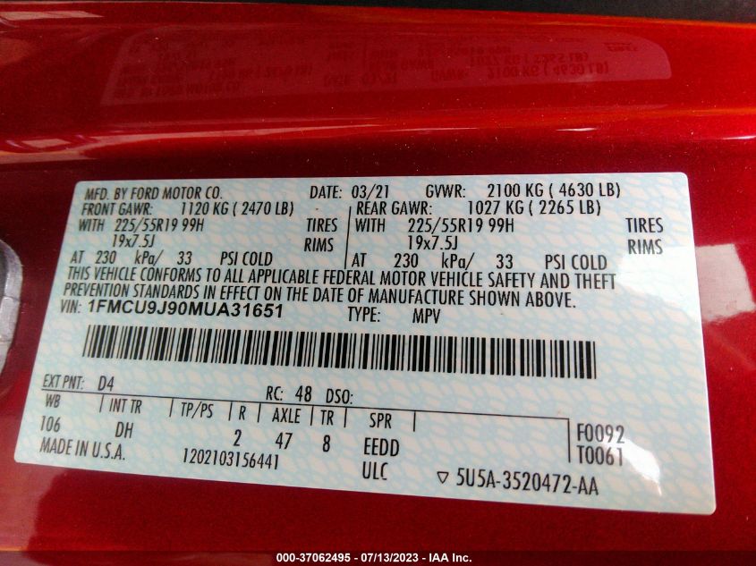 2021 FORD ESCAPE TITANIUM - 1FMCU9J90MUA31651