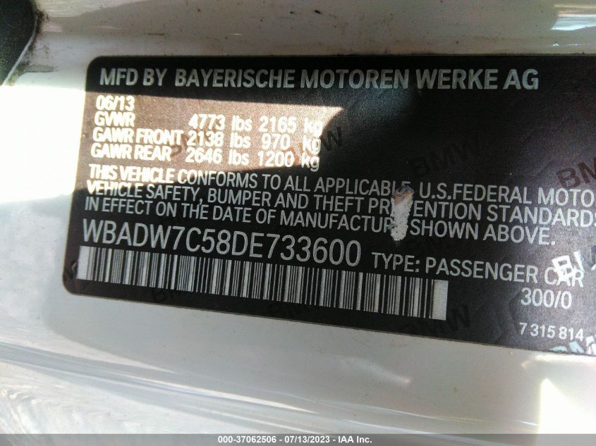 2013 BMW 328I WBADW7C58DE733600