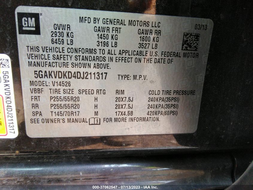 2013 BUICK ENCLAVE PREMIUM - 5GAKVDKD4DJ211317