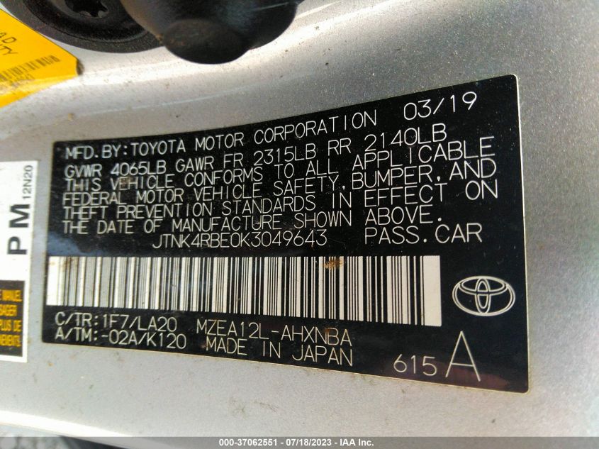 2019 TOYOTA COROLLA HATCHBACK SE/XSE JTNK4RBE0K3049643