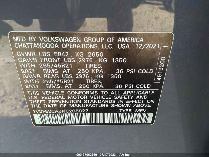 2022 VOLKSWAGEN ATLAS CROSS SPORT 3.6L V6 SEL PREMIUM - 1V2FE2CA9NC208927