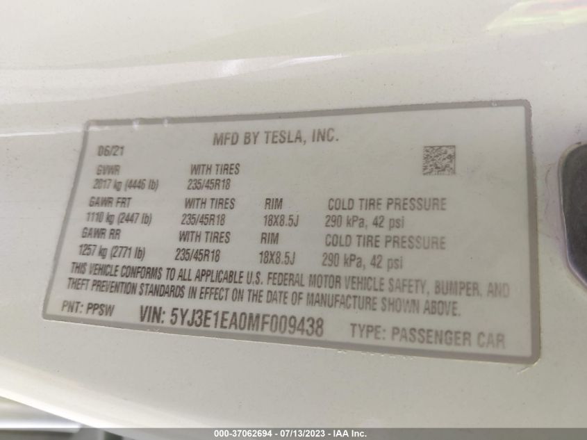 2021 TESLA MODEL 3 STANDARD RANGE PLUS - 5YJ3E1EA0MF009438