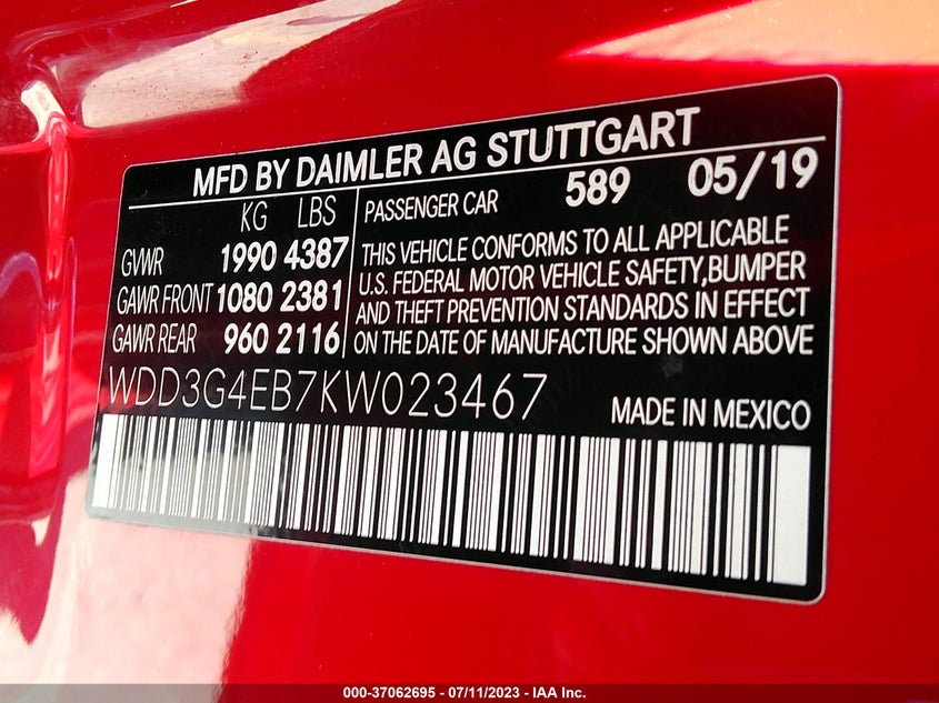 VIN WDD3G4EB7KW023467 2019 MERCEDES-BENZ A-CLASS A 220