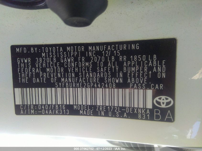 2016 TOYOTA COROLLA L/LE/S/S PLUS/LE PLUS - 5YFBURHE2GP442408