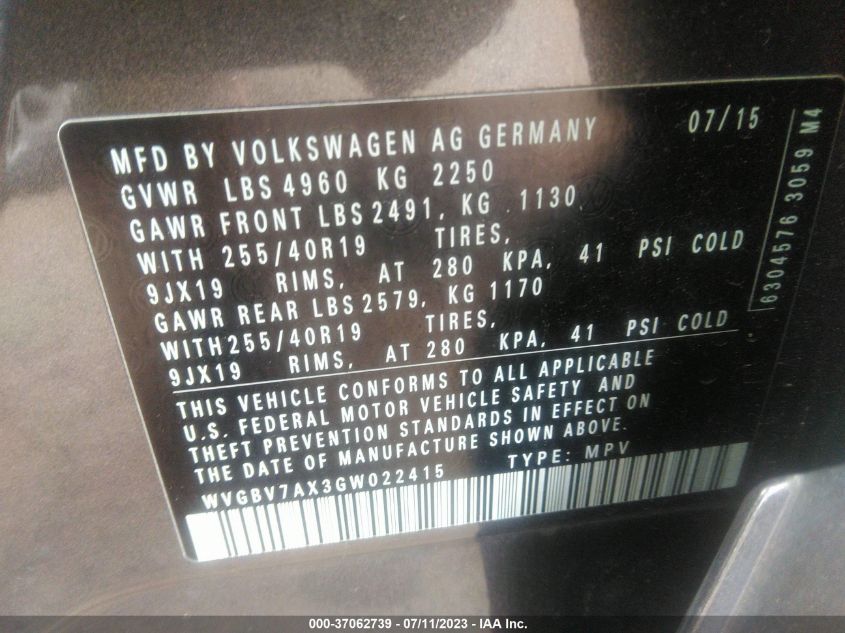 2016 VOLKSWAGEN TIGUAN R-LINE - WVGBV7AX3GW022415